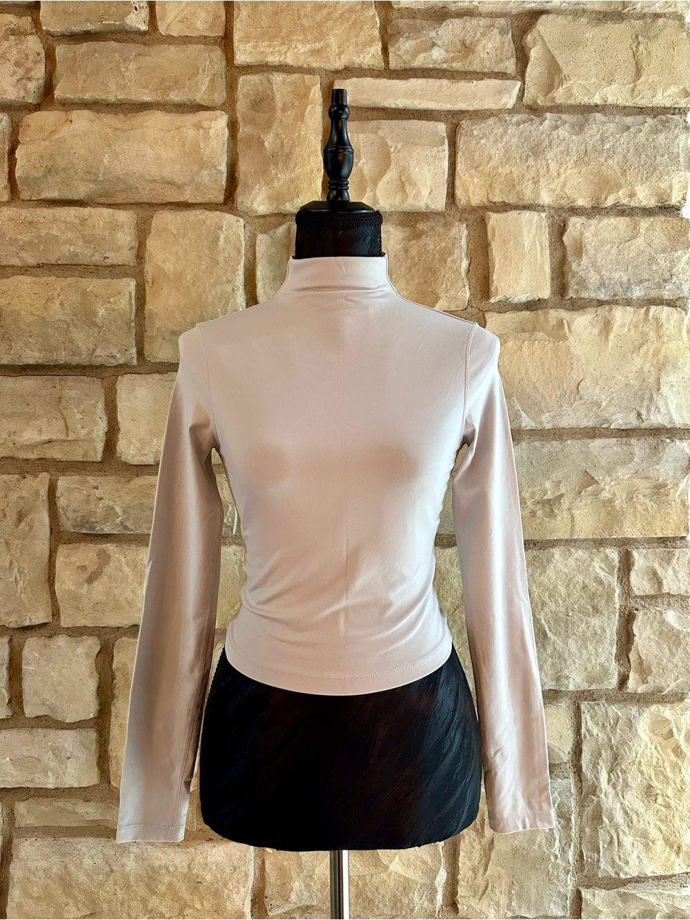 Long-Sleeve Mock Neck Top in Light Beige